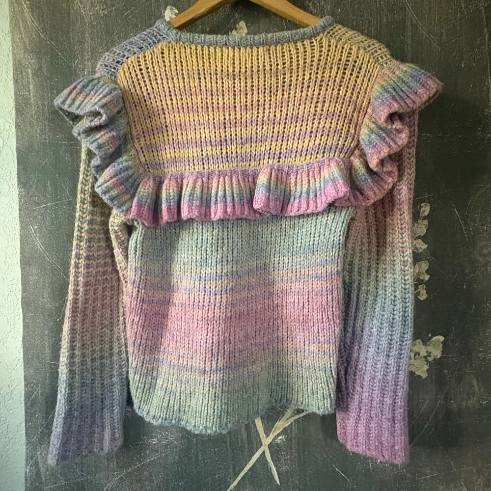 LoveShackFancy Yumi Pastel Rainbow Ruffle Space Dye Knit Sweater Pink Purple - Picture 13 of 13